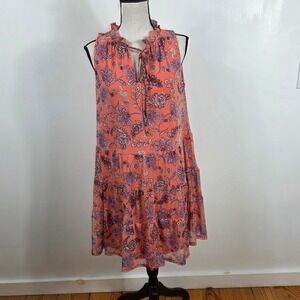 Harper 241 Tiered Mini Dress Women Size S Coral Orange Floral Paisley Oversized
